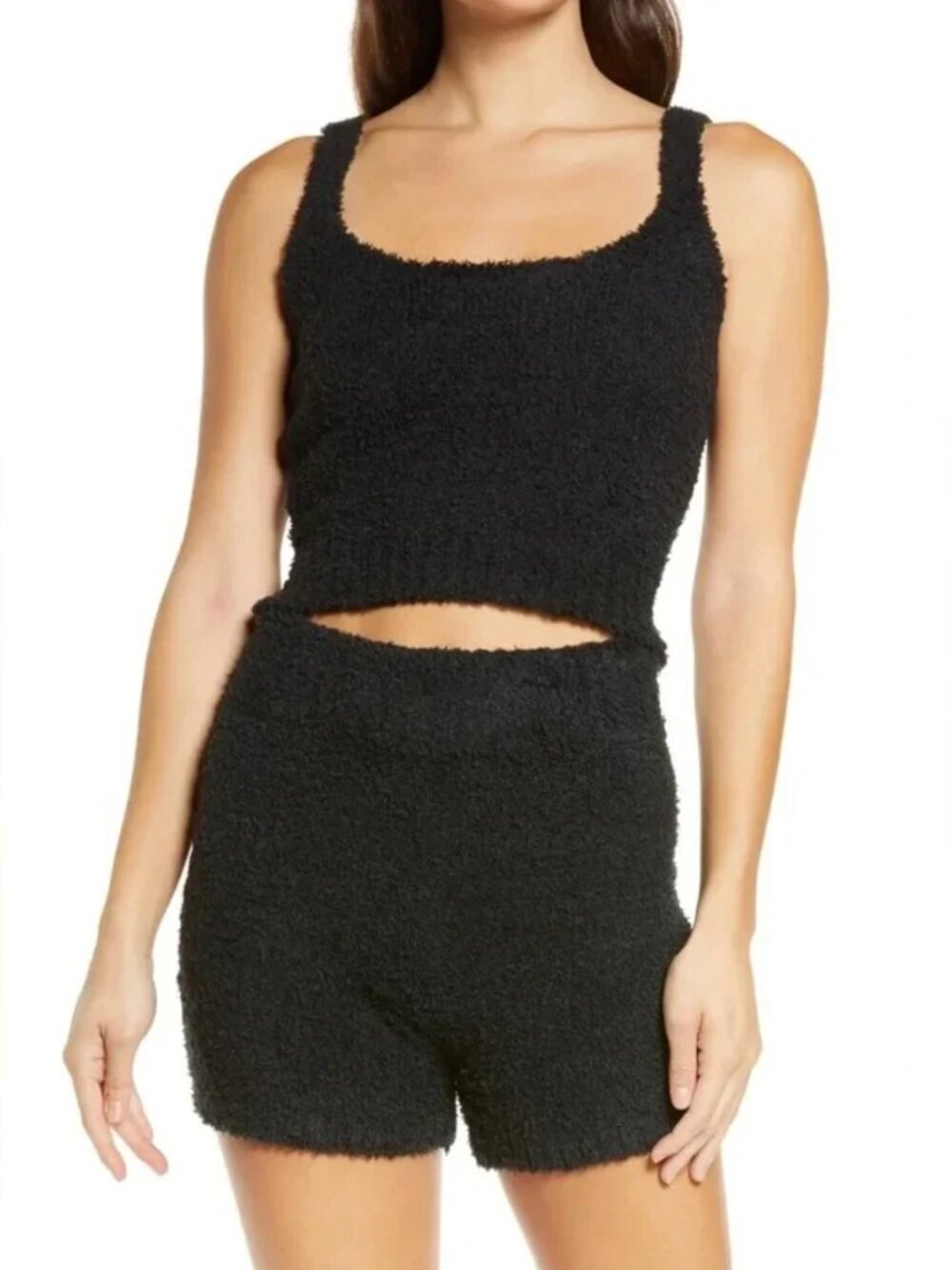 SKIMS NWT Cozy Collection Plush Fuzzy Sherpa Scoop Neck Tank Top Black, sz L/XL